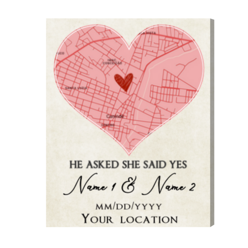 Personalized Engagement Map Print, Newly Engaged Gift, Location Gift for Engaged Couples, He Asked She Said Yes