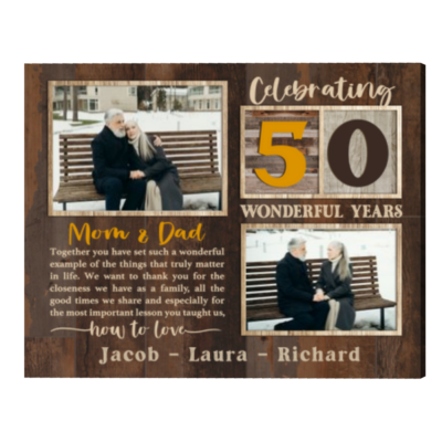 Celebrating 50 Years Anniversary Mom And Dad Custom Photo Canvas Print, Personalized Gold Anniversary Gift for Parents