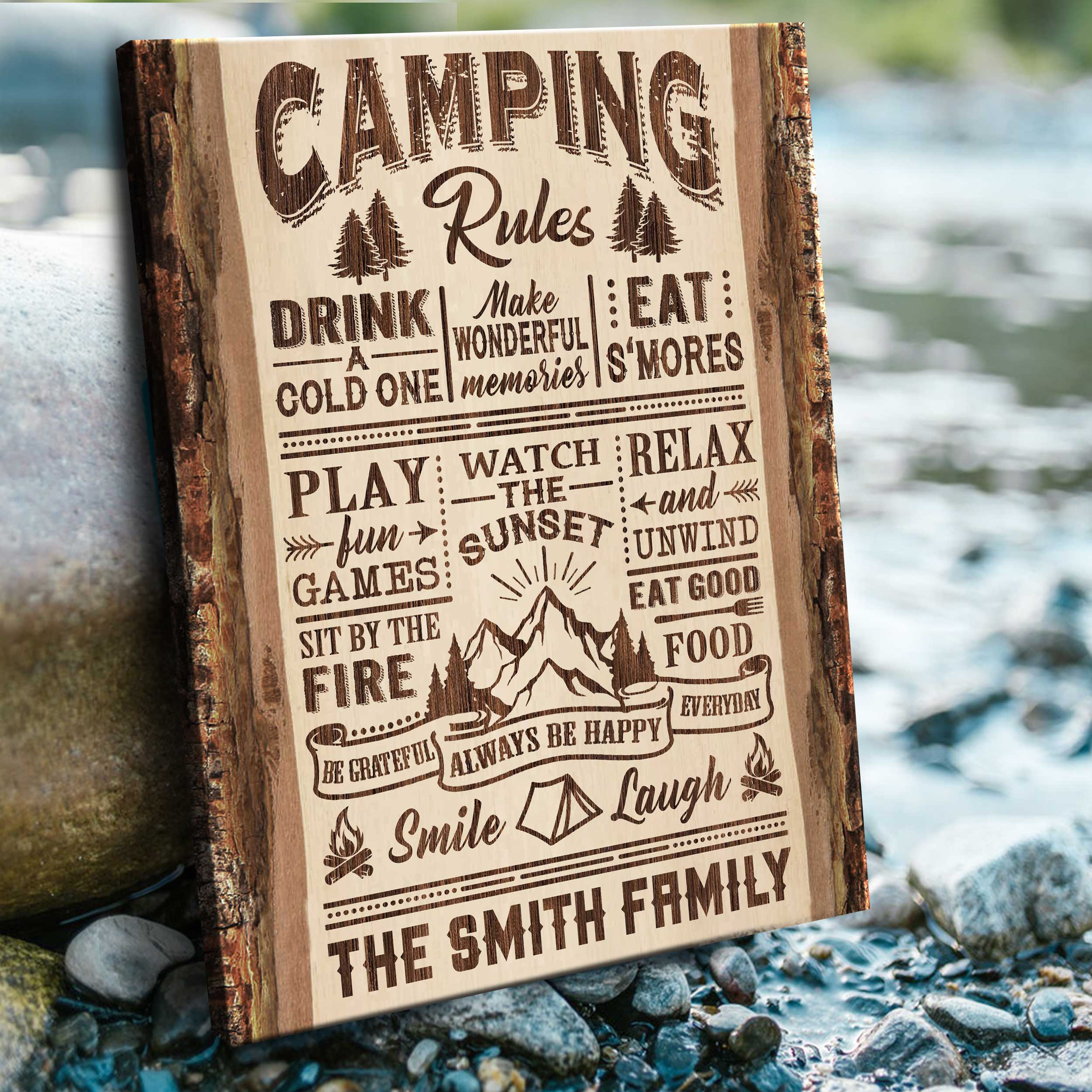 Wood Canvas Sign Camping Rules Camper Decor Wall Hanging Print Art