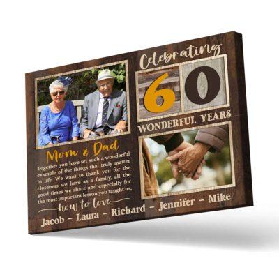 Celebrating 60 Years Anniversary Mom And Dad Custom Photo Canvas Print, Personalized Diamond Anniversary Photo Gift For Parents