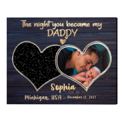 Christmas First Fathers Day Gift from Wife, Custom Photo and Star Map For New Dad, The Night You Became My Daddy Canvas Print