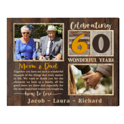 Celebrating 60 Years Anniversary Mom And Dad Custom Photo Canvas Print, Personalized Diamond Anniversary Photo Gift For Parents