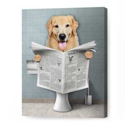 Dog Read Newspaper in Toilet Portrait, Personalized Pet Portrait, Funny Pet Portrait, Pet Customization, Kids Bathroom Wall Art