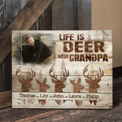 Life Is Deer With Grandpa Custom Photo Canvas, Deer Hunting Gifts for Grandpa, Personalized Grandpa Gifts with Grandkids Name