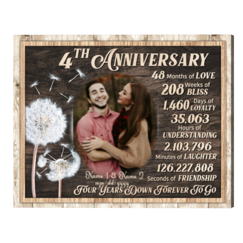 4th Wedding Anniversary Photo Gift, Personalized 4th Anniversary Gifts For Him, Four Years Down Forever To Go Canvas Print
