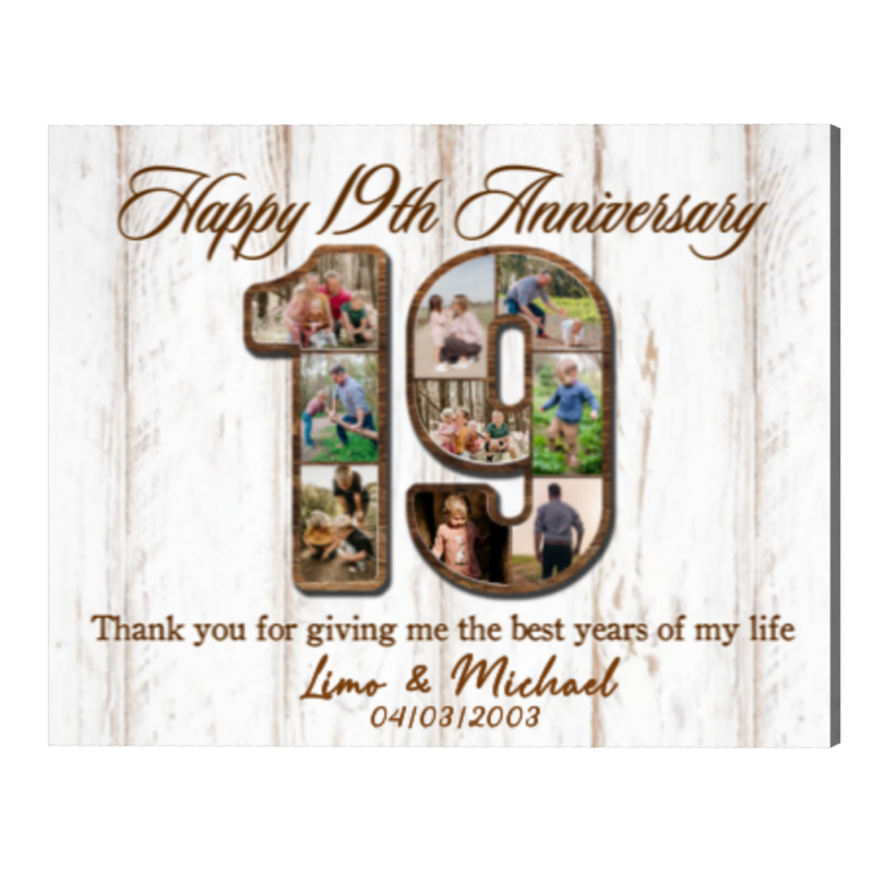 19th Anniversary Personalized Photo Collage Canvas, 19 Year Anniversary Gift for Him for Her