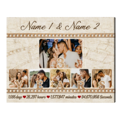 Personalize 3rd Anniversary Photo Collage Gift, Custom Couple Name Canvas, 3 Years Anniversary Gift for Husband