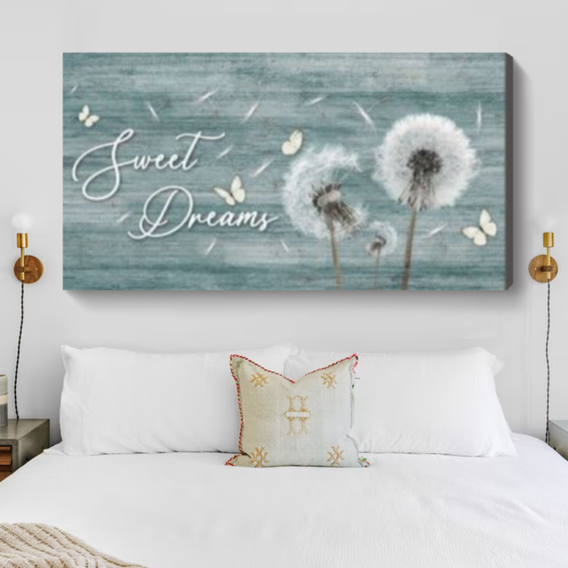 Sweet Dreams Above Bed Wall Art, Personalized Dandelion Flower Canvas, Bedroom Decor Gift for Kids Room, Nursery & New Homeowners